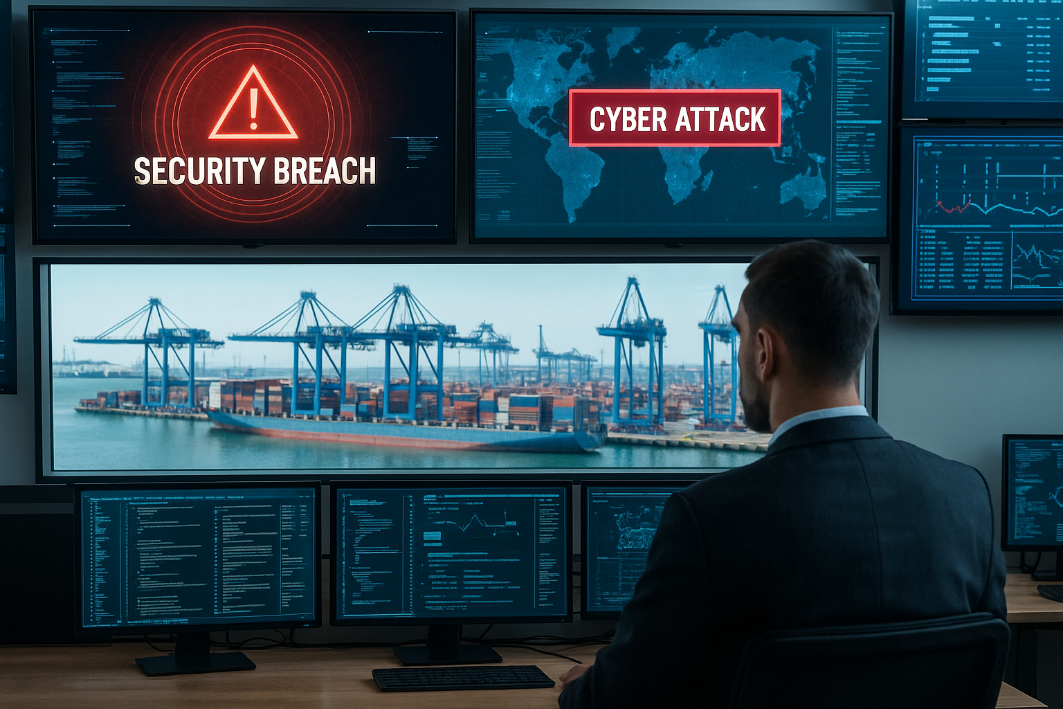 Centro de control portuario con pantallas mostrando alertas de ciberseguridad