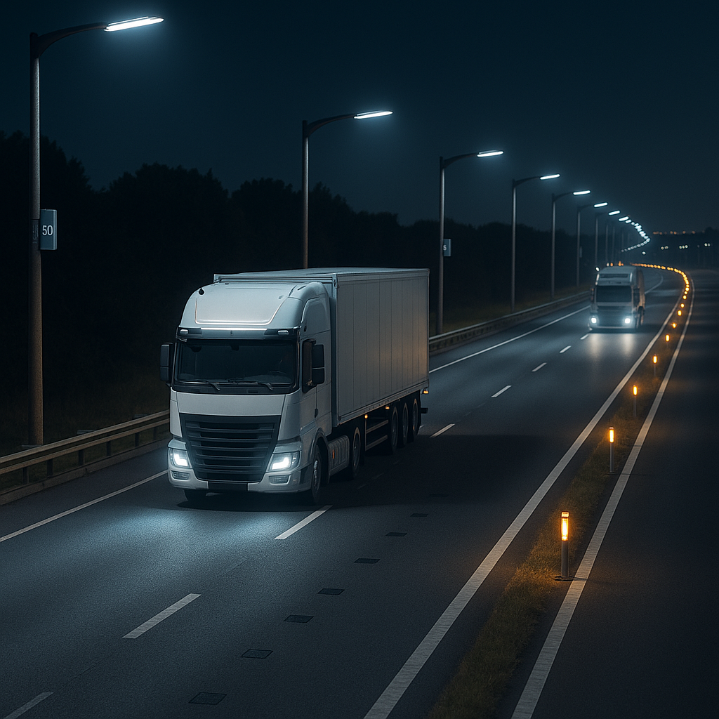 Carretera inteligente con balizas conectadas y camiones equipados circulando de forma segura