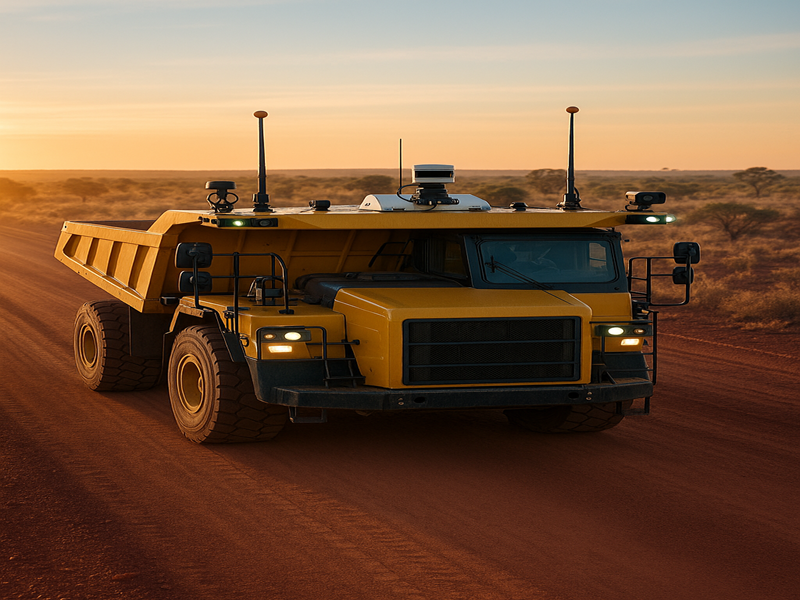 Camión de carga pesada con sensores circulando al amanecer por corredor logístico australiano