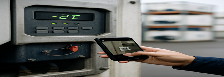 Panel de control de contenedor refrigerado con consigna de temperatura y lectura de operador con guante; fondo de patio en bokeh.