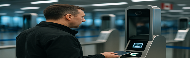 IA en inspección aduanera: bultos en cinta atravesando escáner con operador y monitores en sala de control.