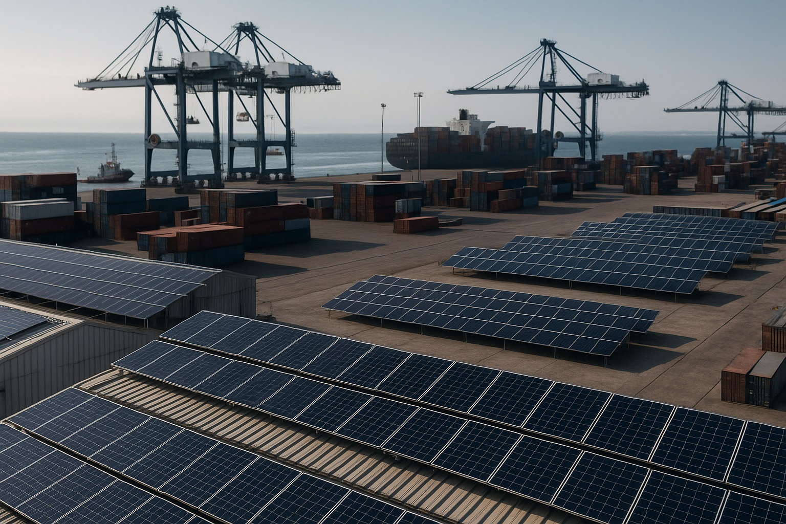 Vista realista de paneles solares en techumbres y área en suelo dentro de un recinto portuario argentino