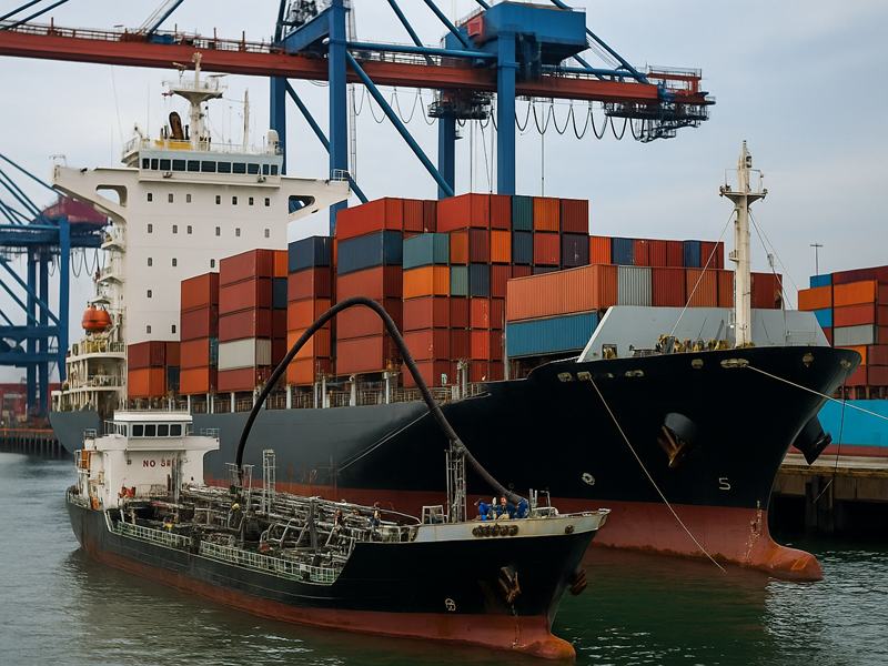 Bunkering a buque portacontenedores con mangueras de combustible y grúas en segundo plano, imagen realista