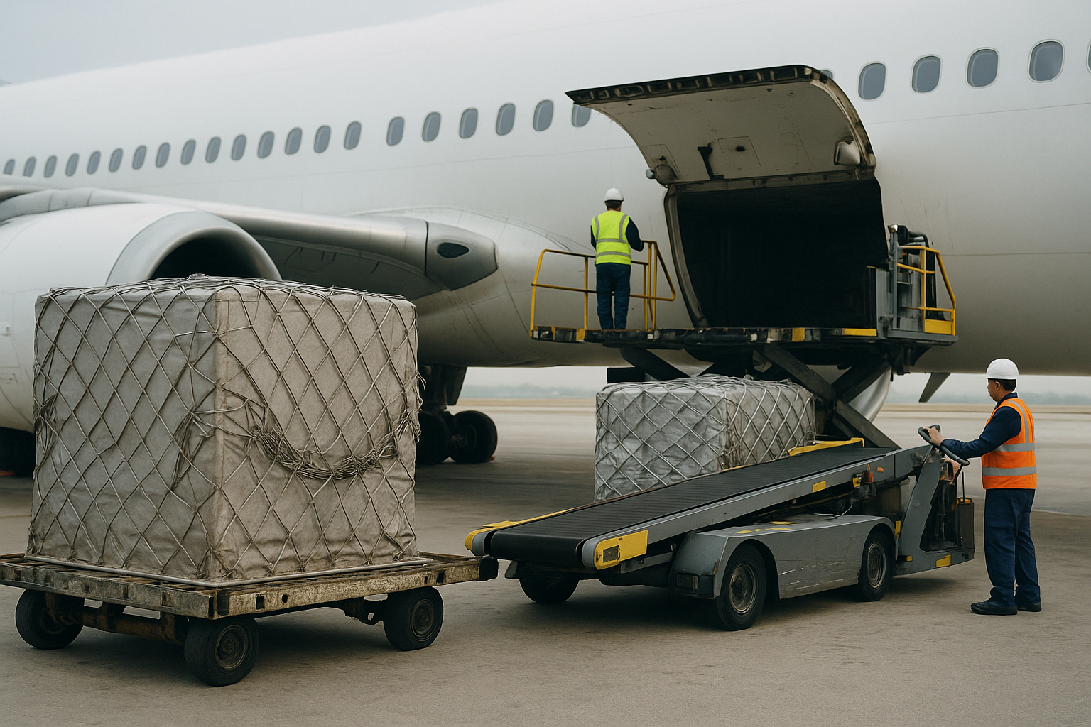 Operación de carga aérea diurna con equipos en rampa y ULD siendo cargados