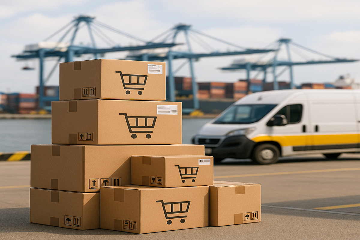 Paquetes de e-commerce listos para despacho internacional con courier