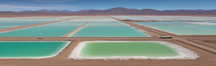 Piscinas de salmuera en salar con camiones cisterna y, al fondo, planta de conversión; ilustración realista de la ruta hacia materiales activos