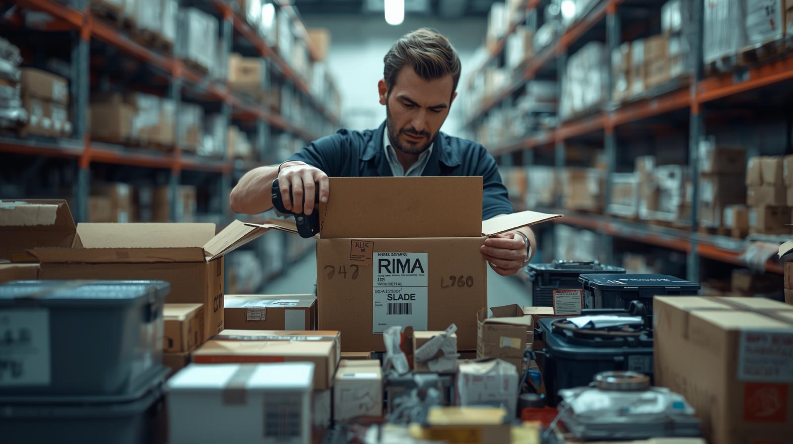 Logística inversa europea: clasificación de devoluciones con lector de códigos, etiquetas RMA y contenedores por destino en centro logístico.