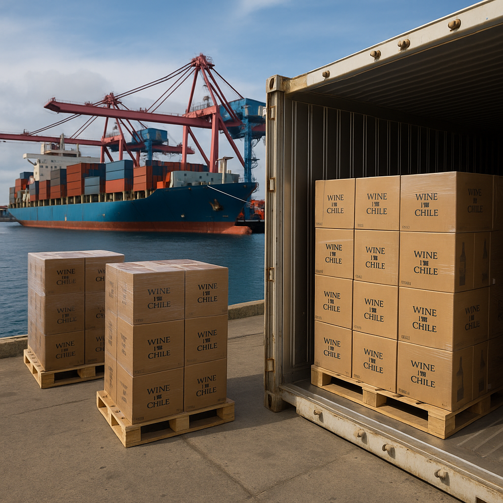 Contenedor refrigerado con pallets de vino chileno en tránsito hacia un puerto africano