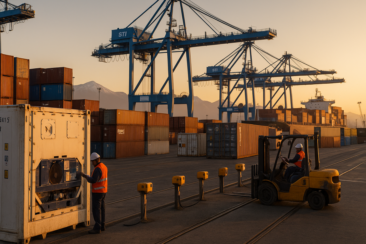 Operación portuaria en Chile con contenedores refrigerados listos para exportación a Europa