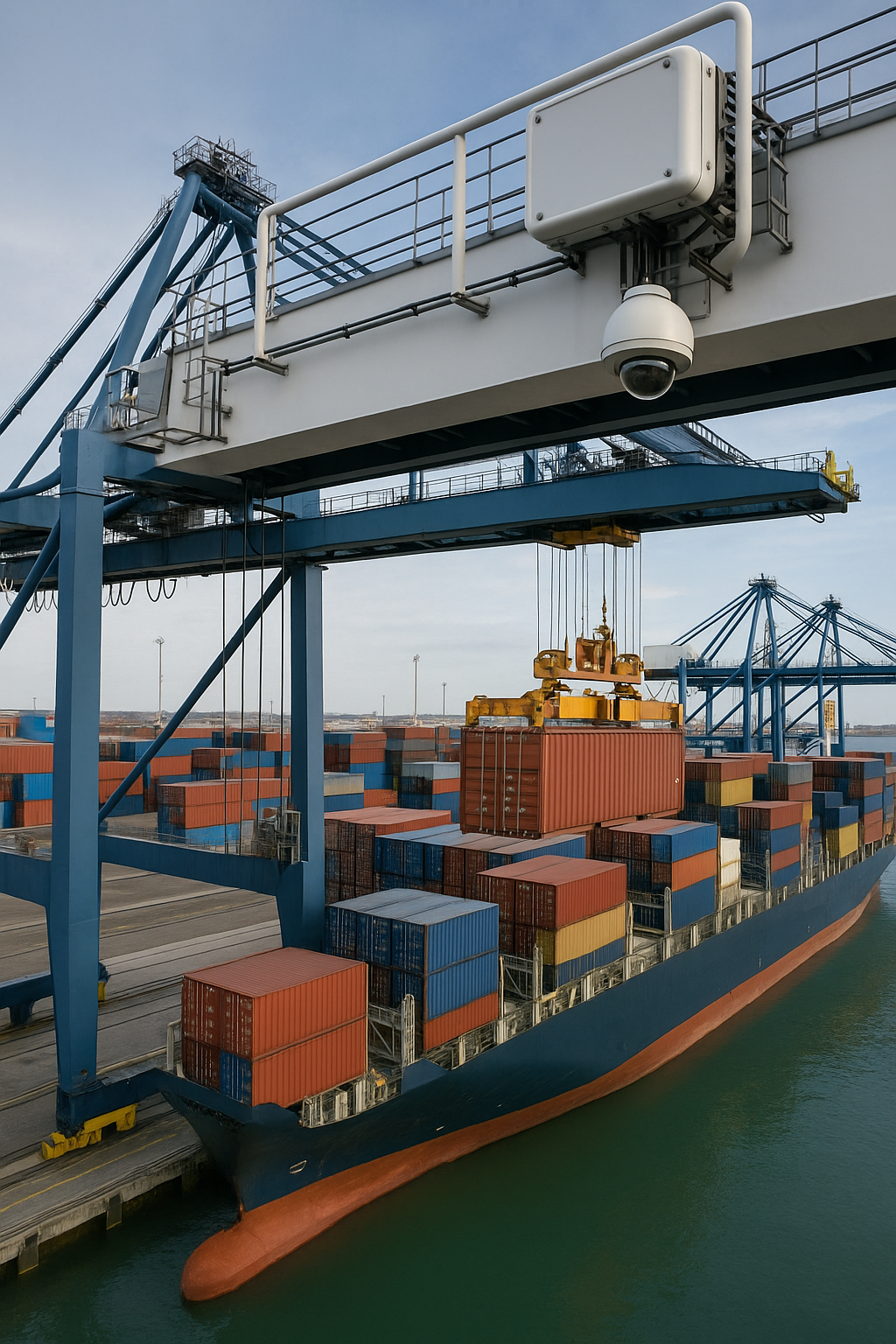 Puente inteligente portuario con sensores y grúas modernas en operación