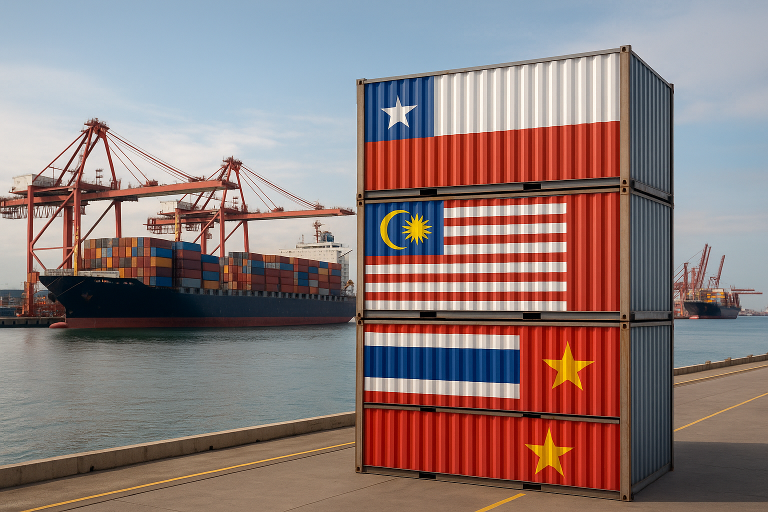 Buques portacontenedores con banderas de Chile y países ASEAN operando en un terminal