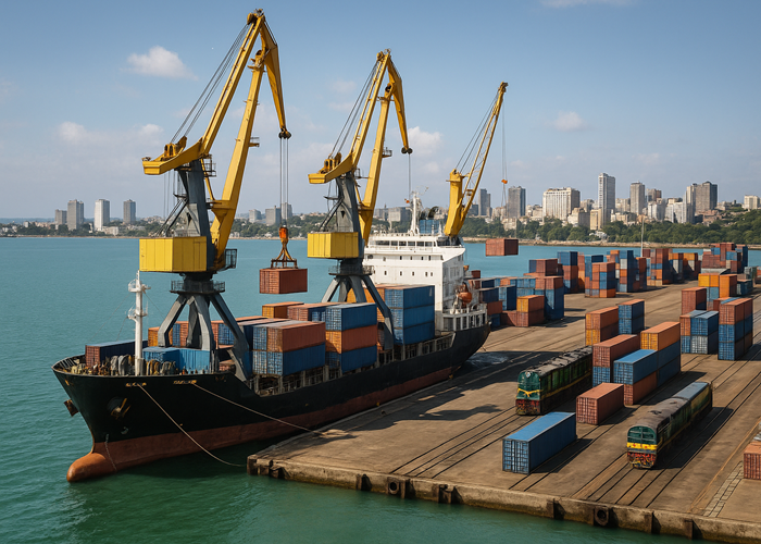Operaciones en muelle con grúas móviles y buque mercante en el Puerto de Maputo, vista realista
