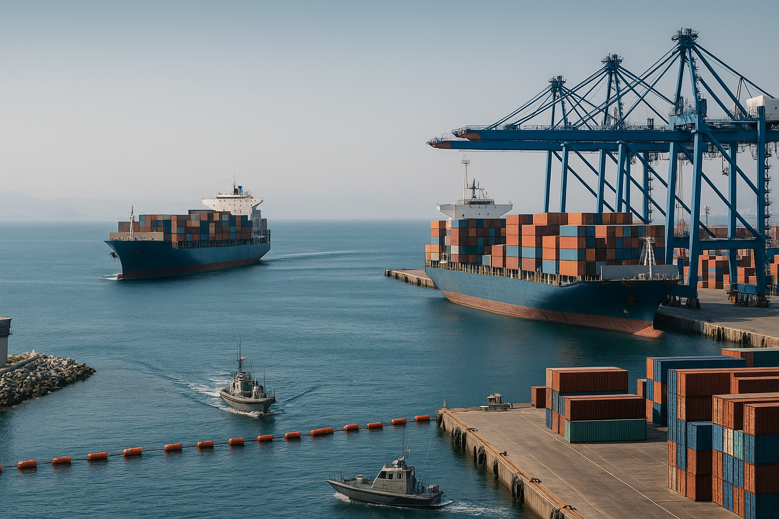 Vista realista de terminal de contenedores con control reforzado de tráfico marítimo en zona sensible