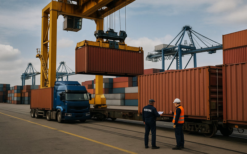 Zona aduanera en puerto europeo con contenedores y grúas, inspección de importaciones sujeta a medidas comerciales