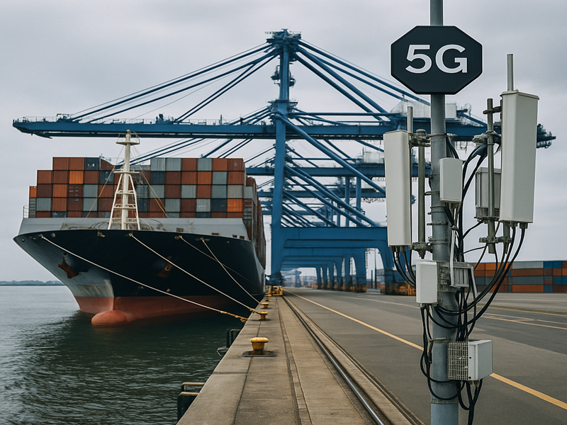 Terminal portuaria moderna con grúas automatizadas y red de antenas 5G, estilo realista