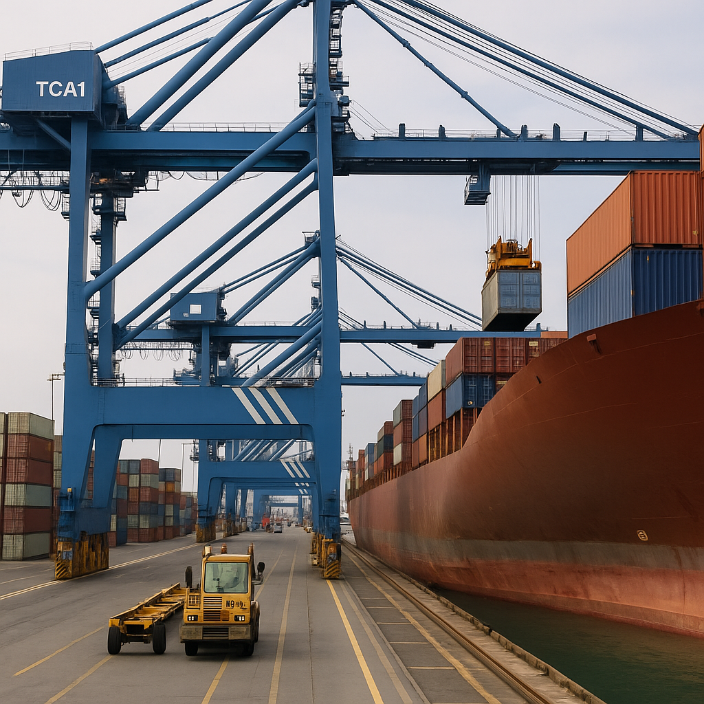 Grúas pórtico operando sobre buque portacontenedores en puerto del Pacífico sudamericano