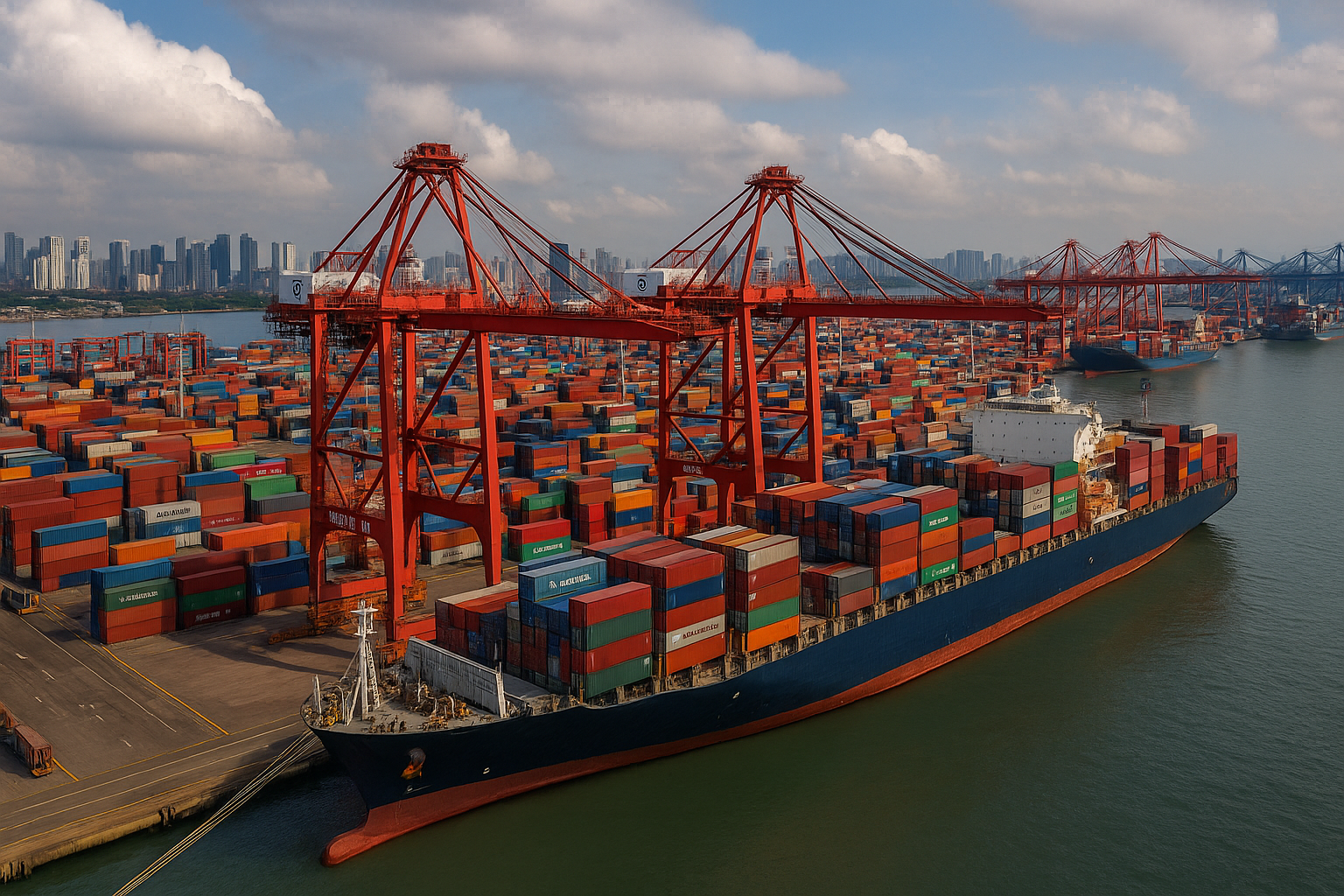 Terminal de contenedores en el Pacífico con grúas de muelle y alto movimiento