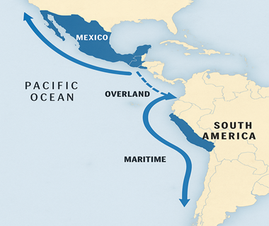 Mapa de rutas marítimas y terrestres conectando México con el Pacífico Sur