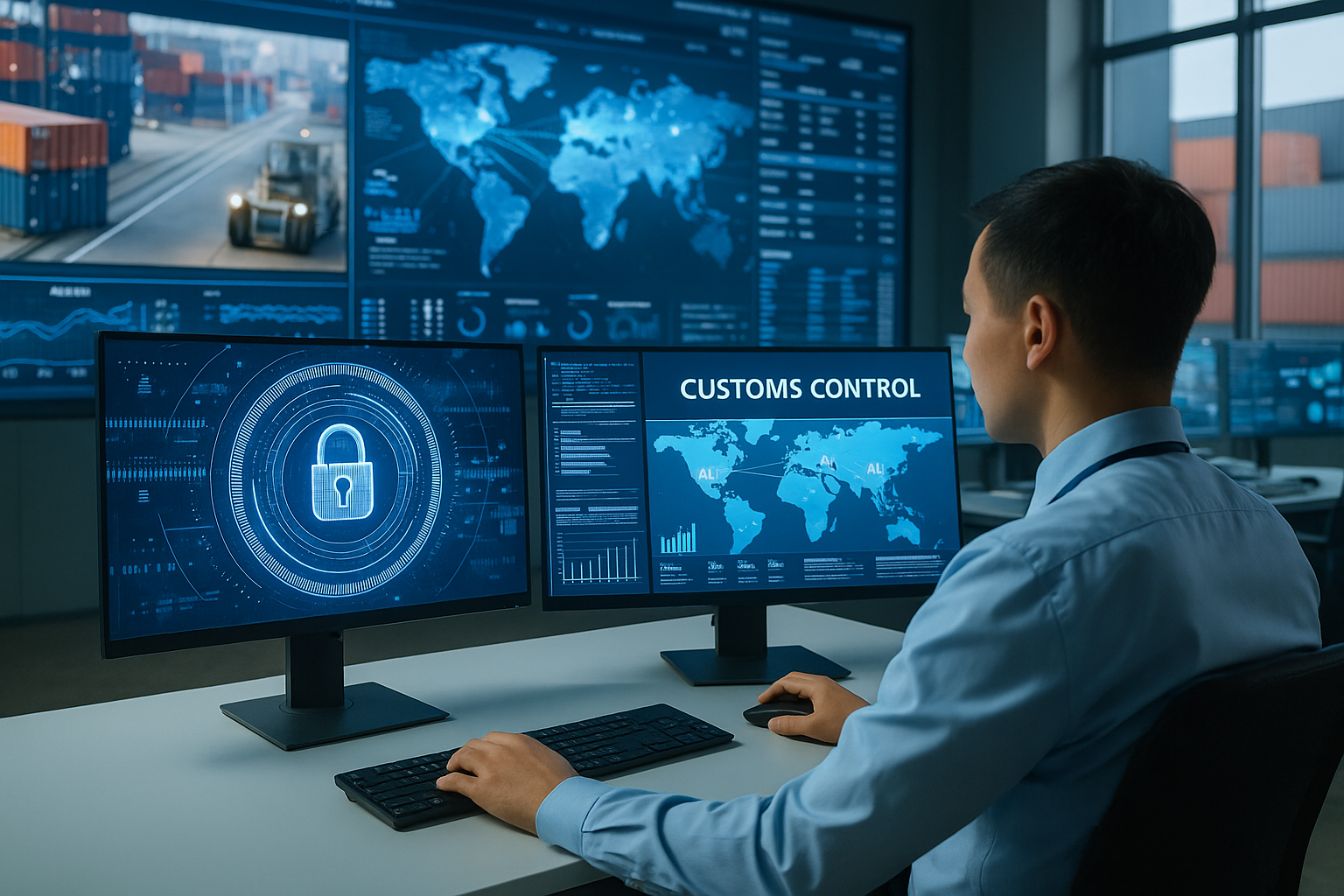 Centro de control digital de aduanas en Singapur con pantallas y sistemas inteligentes