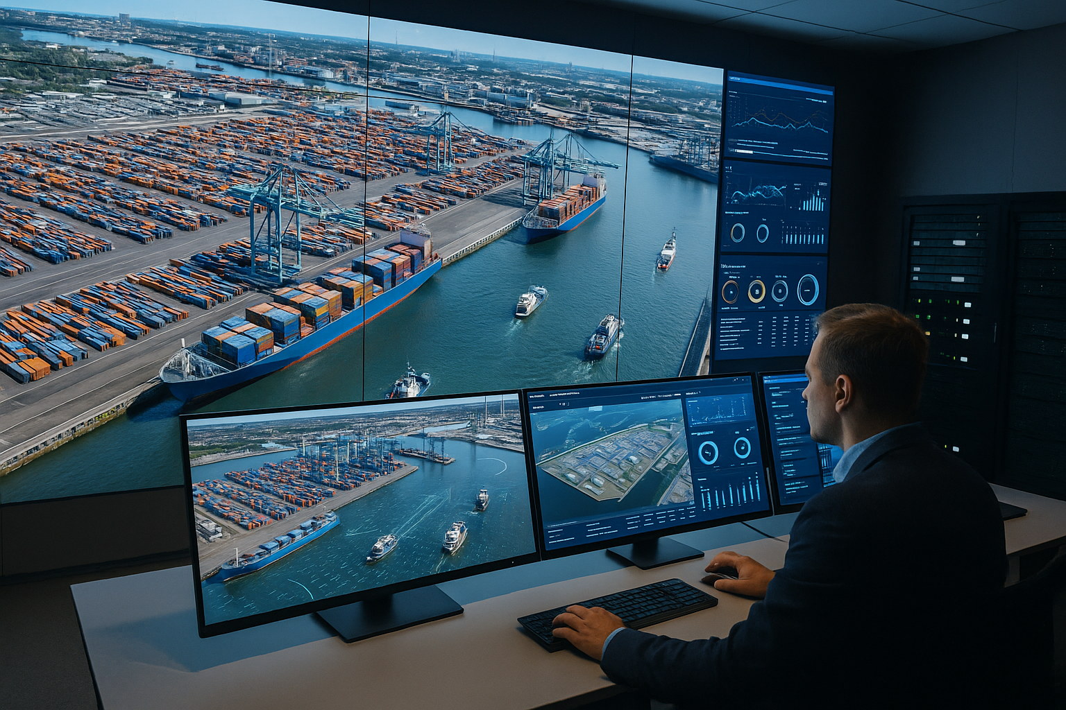 Centro de control en Rotterdam mostrando simulaciones de gemelos digitales portuarios