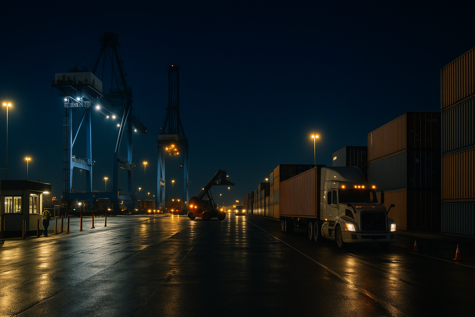 Operación nocturna en un terminal de contenedores de EE.UU., con camiones en fila y grúas trabajando