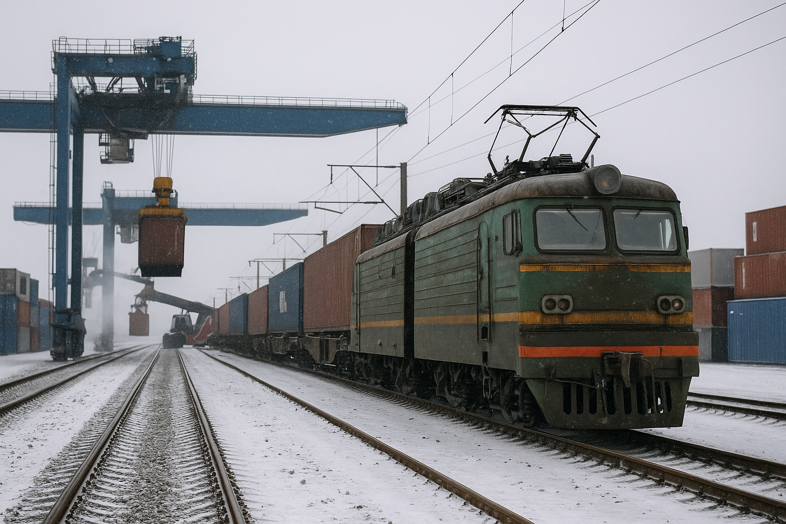 Tren de carga euroasiático atravesando un patio intermodal en clima frío, con grúas pórtico y contenedores en maniobra
