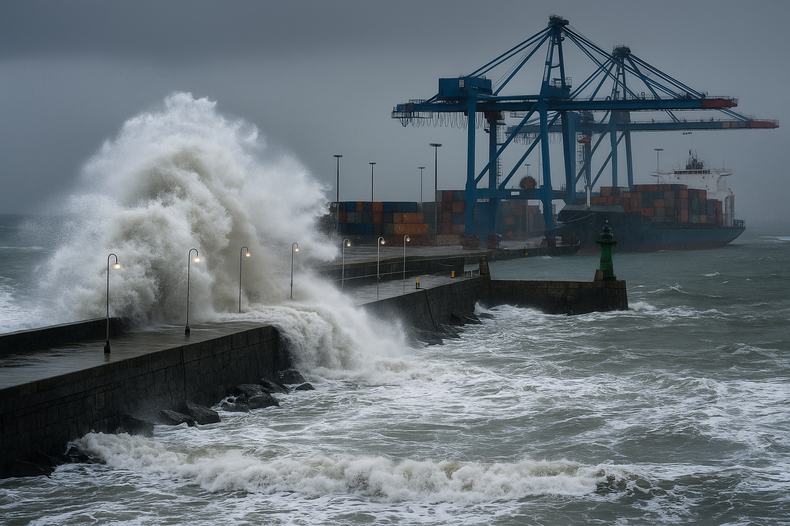 Puerto afectado por marejadas con olas golpeando el rompeolas