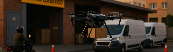 Dron de carga ligera despegando en patio logístico con perímetro de seguridad
