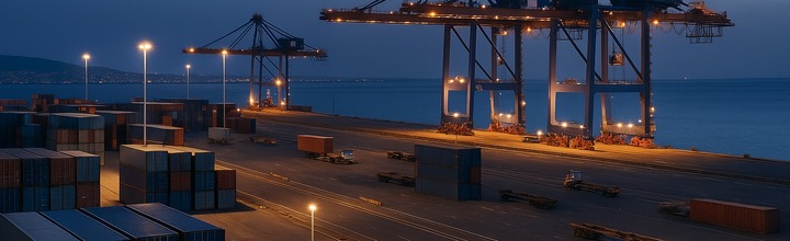 Apilado de contenedores y patio con equipos vacíos listos para reposicionamiento