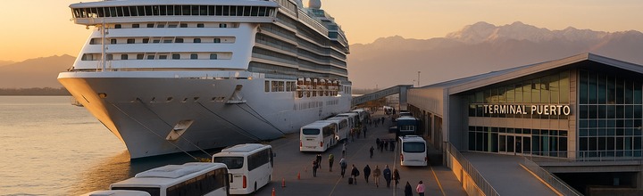 Crucero en muelle con pasajeros desembarcando hacia buses y servicios turísticos
