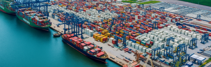 Vista referencial de frente de contenedores en terminal brasileño